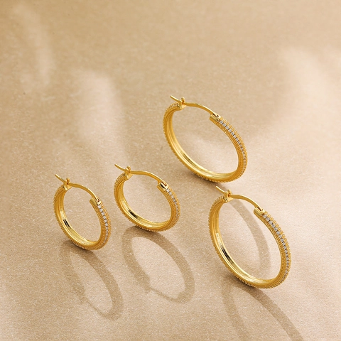 Luxury Copper Zirconia Hoop Earrings For Women Minimalist Geometric Double Row Round Circle Jewelry For Wedding Banquet