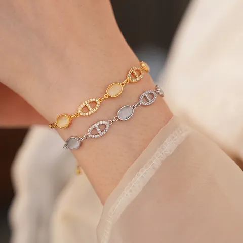 Elegant Bracelet With Cat Eye Stone And Zircon Pig Nose Link Fashionable Jewelry For Women Adjustable Gift