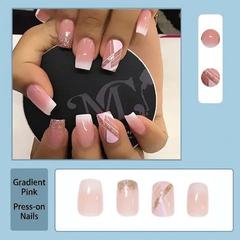 French Gradient Press On Nails Glitter Plastic False Nails Trapezoid Square Full Cover Wearable Manicure For Women Elegant