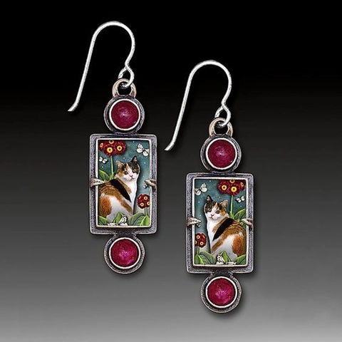 Vintage Alloy Dangle Earrings With Artistic Cat Floral Bird Patterns And Synthetic Gemstones Retro Jewelry For Women