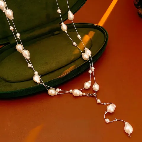 Collier Longue Künstliche Perle Baroque Rétro Français Multicouche En Forme De Y Alliage Imitation Künstliche Perle Chaîne De Pull Bijoux Élégants