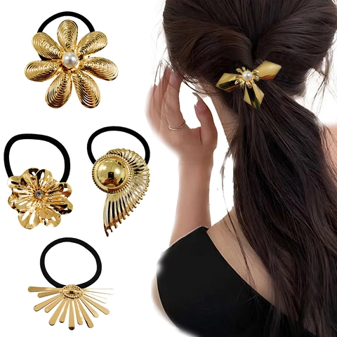 Coleteros De Metal Dorado Con Flores Y Lazos Perlas Artificiales Sintéticas Cuerdas Elásticas De Moda Accesorios Geométricos Mujer