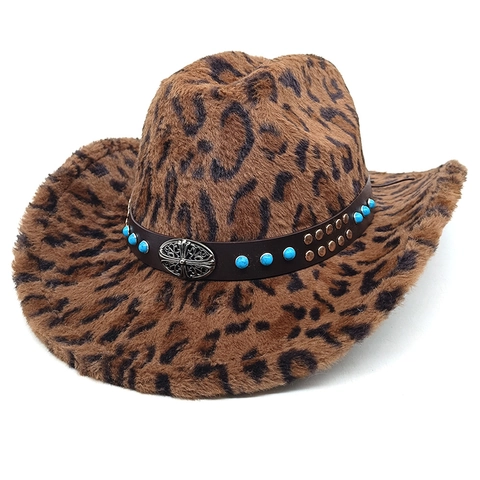 Cappello Da Cowboy In Pelliccia Sintetica Leopardata Stile Western Tesa Larga Con Fascia In Ecopelle E Fibbia A Croce