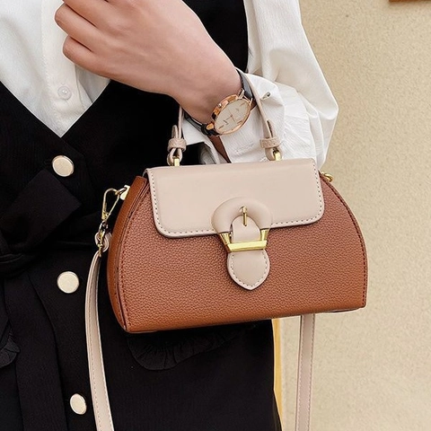 Contrast Color Shoulder Bag PU Leather Litchi Grain Handbag Crossbody Retro Vintage Style Fashion Women Daily Use Work Office