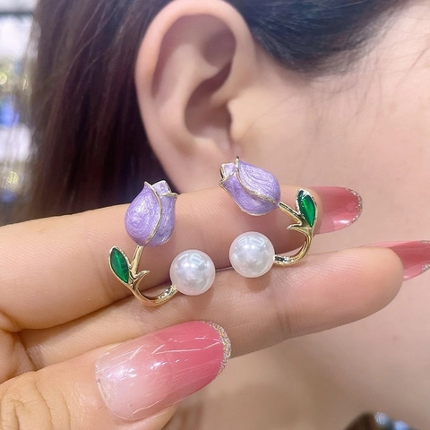 Tulip Flower Artificial Pearl Earrings Alloy Rhinestone Dainty Floral Jewelry With Silver Earring Post Elegant For Women