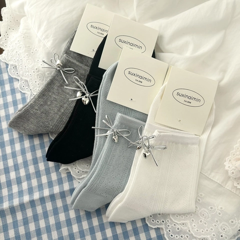 Chaussettes Mi-Mollet Femmes Coton Côtelé Ajouré Noeud Papillon Pendentif Coeur Métal Style Balletcore Doux Respirant