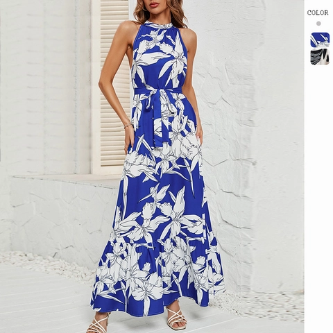 Abito Maxi Halter Stampa Floreale Foglie Schiena Scoperta Cintura Orlo Volant Senza Maniche Vacanza Spiaggia Sexy Donna