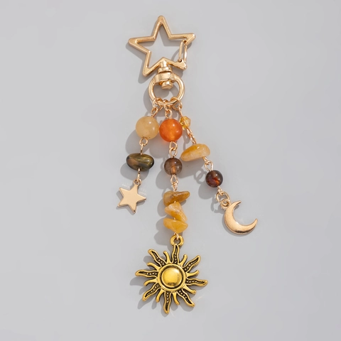 Bohemian Alloy Sun Moon Star Keychain With Irregular Crushed Stone Butterfly Dragonfly Pendant Pastoral Bag Hanging Decor