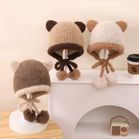 Cappello Invernale Caldo Per Bambini Con Paraorecchi Peluche Pelliccia Sintetica Orecchie Di Orso Colorblock Antivento Pompon Morbido