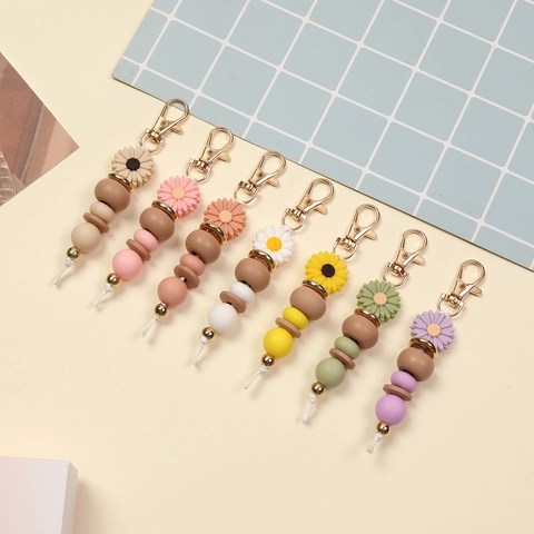 Daisy Perlen Schlüsselanhänger Silikon Holzperlen Blume Tasche Anhänger Für Damen Kreative Süße Auto Schlüsselring Schmuck Geschenk