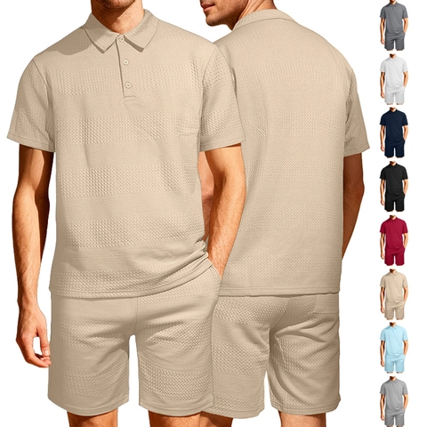 Set Polo E Pantaloncini Da Uomo Maglia A Nido D'Ape Tinta Unita Manica Corta Risvolto Bottone Casual Estate Vacanza