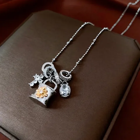 Cross Zircon Pendant Necklace Copper Bead Chain Two-Tone Retro French Style Multi-Pendant Adjustable Jewelry For Women