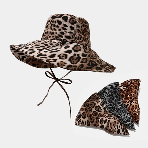 Luipaardprint Visserhoed Brede Rand Zonbescherming Opvouwbaar Polyester Vintage Streetwear Stijl Dames Met Winddicht Touw