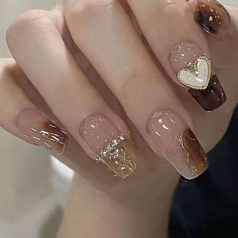 Unghie Press On Sfumate Caramello Catena Strass Bordo Dorato Cuore Conchiglia Foglia Oro Unghie Finte Manicure Per Donna
