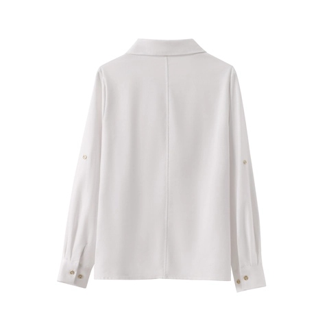 Women Blouse Shirt V Neck Roll-up Long Sleeve Polyester Linen Blend Solid White Casual Elegant Office Wear