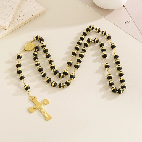 Collar Rosario Religioso Católico Acero Inoxidable Chapado En Oro 18K Cuentas Colgante Cruz Crucifijo Cadena Larga Joyería