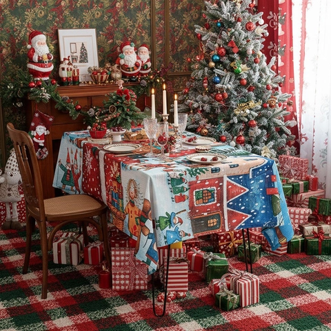 Christmas Tablecloth Polyester Rectangular Holiday Dining Table Cover Party Decoration Santa Claus Snow Scene Festive