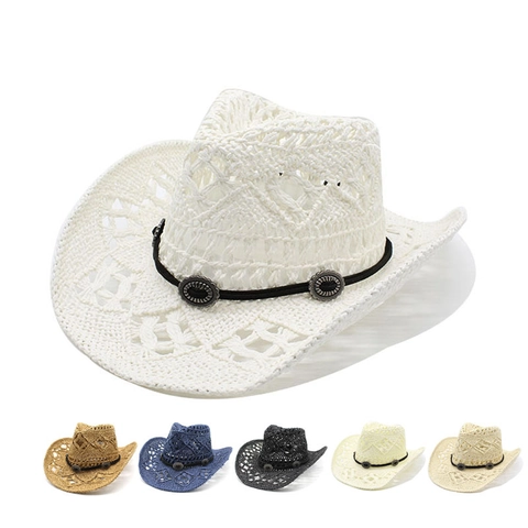 Western Cowboy Straw Hat Paper Braided Wide Brim Hollow Out Breathable Summer Beach Sun Travel Jazz Fedora For Men Women