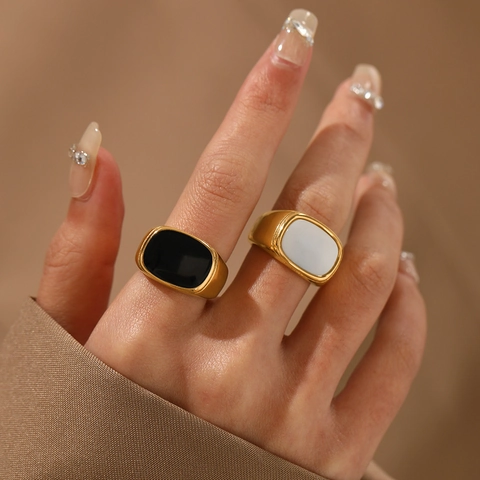 Signet Ring Stainless Steel Black White Inlay Minimalist Geometric Gold Plated Fashion Jewelry For Women Men