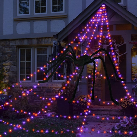 Telaraña Luminosa de Halloween Red Triangular LED Con Accesorios de Araña de Peluche Decoración de Fiesta en el Jardín
