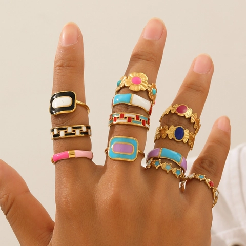 Vintage 18K Gold Plated Stainless Steel Rings For Women Colorful Enamel Flower Star Geometric Adjustable Open Ring Fashion Jewelry