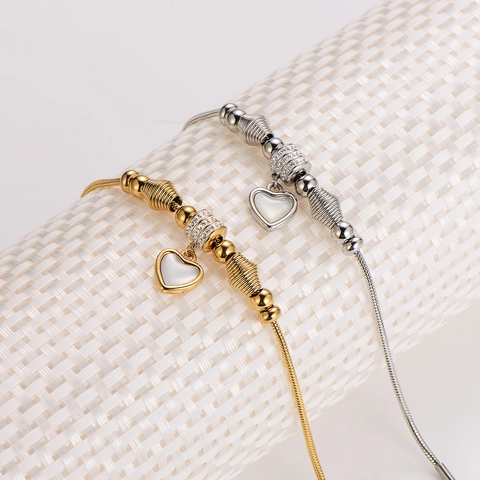 Pulsera De Cadena De Serpiente Con Colgante De Corazón Acero Inoxidable 304 Strass Inserto De Concha Joyería Para Mujer