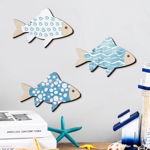Nautische Holz Fisch Wanddeko Mediterraner Stil Blau Weiß Pappelholz Hängeschild Haus Badezimmer Schlafzimmer Wandkunst