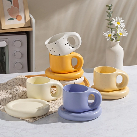 Ceramic Chubby Mug With Saucer Thick Handle Heat Resistant Coffee Cup Porcelain Microwave Safe Solid Color Decorative