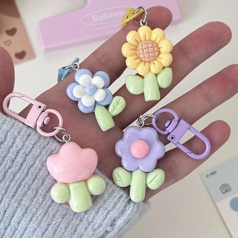 Cute Flower Keychain Resin Macaron Color Tulip Sunflower Backpack Charm Girly Handbag Decoration For Kids Friends
