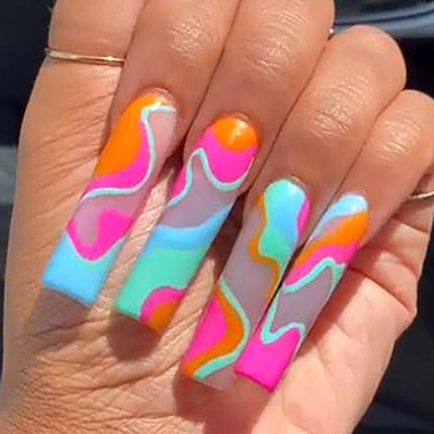 Uñas Postizas Largas Coffin Rayas De Colores Patrones De Ondas Diseño Geométrico Abstracto Brillante Modernas