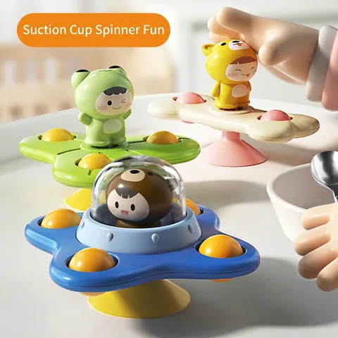 Baby Suction Cup Spinner Toys Cartoon Animal Rotating Sensory Toy For High Chair Dining Table Bath ABS Silicone