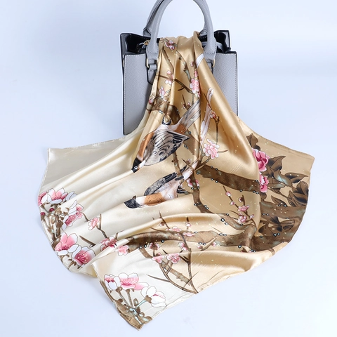 Quadratisches Halstuch Mit Elstern Blumendruck Eleganter Satinnähnlicher Satin Schal Chinesischer Stil Dekorative Kopfbedeckung