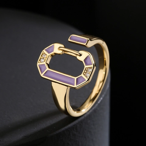 Enamel Geometric Open Ring Vintage Bohemian D-Shape Copper 18K Gold Plated Micro Zircon Adjustable Jewelry For Women