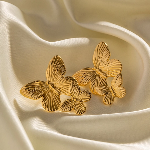Pendientes de Botón de Mariposa de Acero Inoxidable Estilo Francés Vintage Para Mujer Joyas de Doble Mariposa Chapadas en Oro
