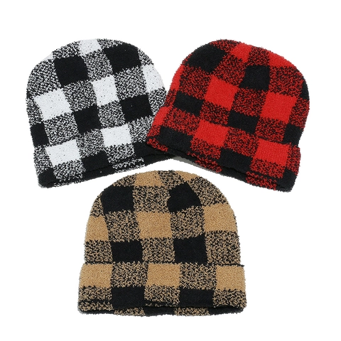 Vintage Unisex Buffalo Plaid Knit Beanie Hat Thick Warm Checkerboard Pattern Skull Cap For Men Women Winter Outdoor Accessory