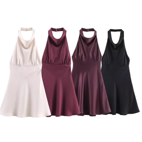Halter Mini Dress Satin Sleeveless Backless Solid Color Elegant Party Cocktail Flared A-Line For Women