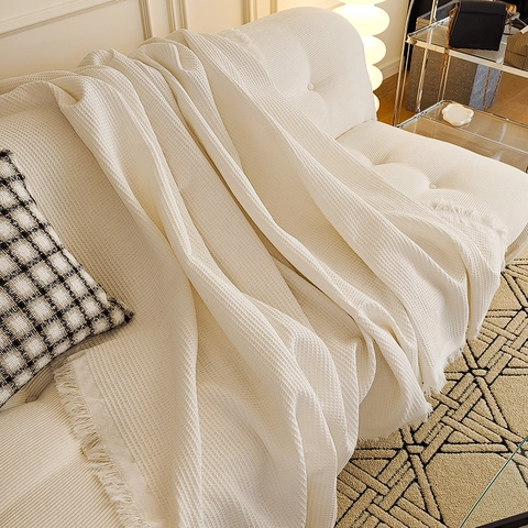 Waffle Texture Sofa Cover Polyester Cotton Throw Blanket With Tassels Universal Couch Protector Modern Home Decor