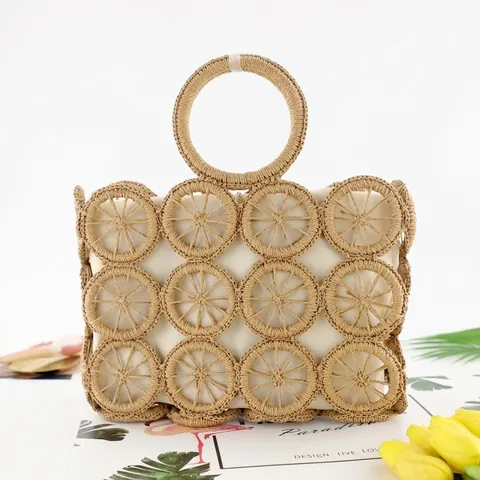 Hand-Woven Paper Rope Handbag Summer Beach Straw Style Tote Hollow Round Pattern Circular Handle Vacation For Women