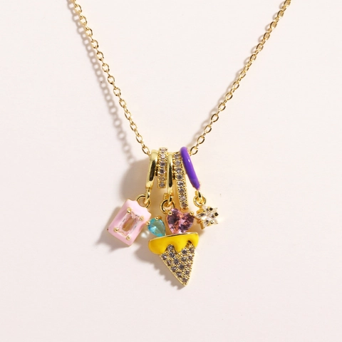 Enamel Copper Necklace With Multicolor Zircon Ice Cream Flower Star Pendant Sweet Dopamine Style Jewelry For Women