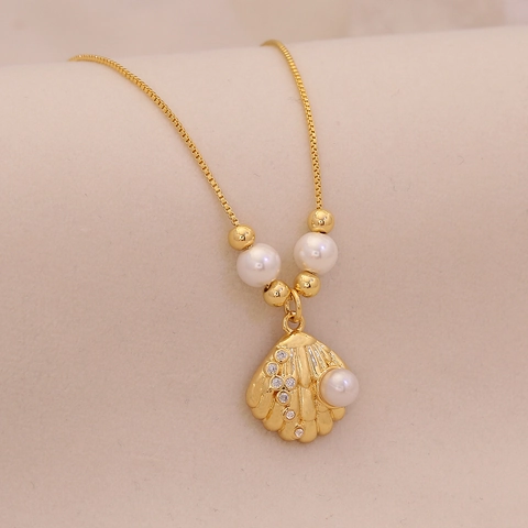Copper Gold Pendant Necklace With Artificial Pearl And Cubic Zirconia Marine Life Seahorse Shell Beach Jewelry For Women