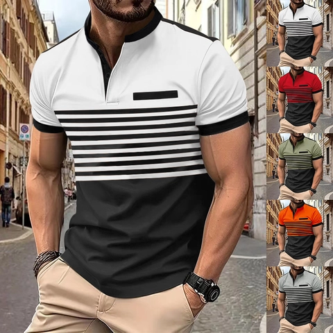 Herren Mode Gestreift Patchwork Kurzarm Polo Hemd Casual Schnell Trocknend Atmungsaktiv Sportlich Stehkragen Top Für Den Alltag
