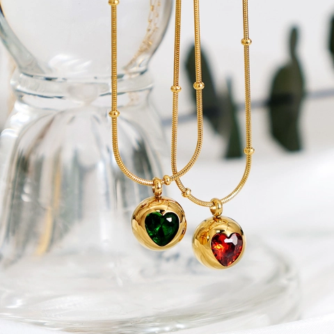 Titanstahl Herz Zirkon Kugel Anhänger Halskette Und Ohrringe Perlen Schlangenkette Vergoldeter Schmuck Für Damen