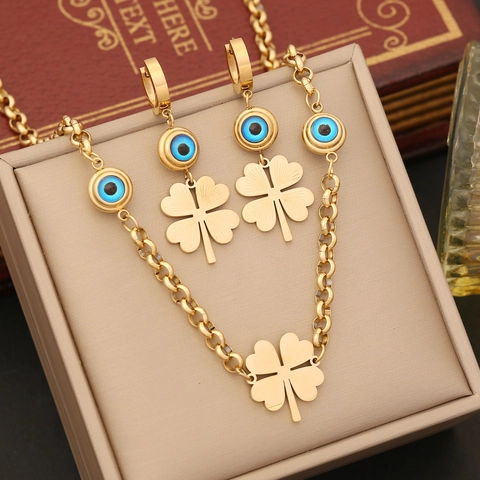 Collana Bracciale Orecchini Quadrifoglio Occhio Di Allah Acciaio Inossidabile Placcato Oro Gioielli Eleganti
