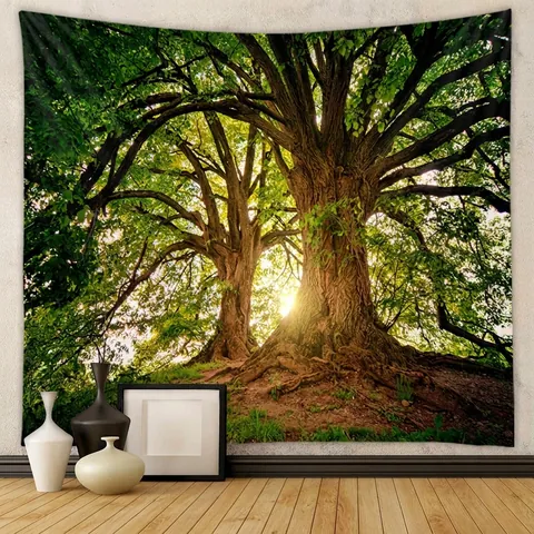 Arazzo Da Parete Paesaggio Foresta Nordica Poliestere Natura Albero Luce Solare Stampa Stoffa Appesa Per Camera