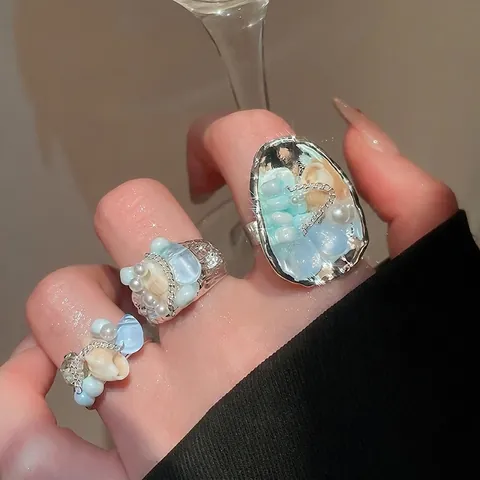 Tema Océano Concha Diamantes Imitación Anillos Abiertos Ajustables Cobre Flor Piedra Púrpura Joyería Vacaciones Verano Mujeres