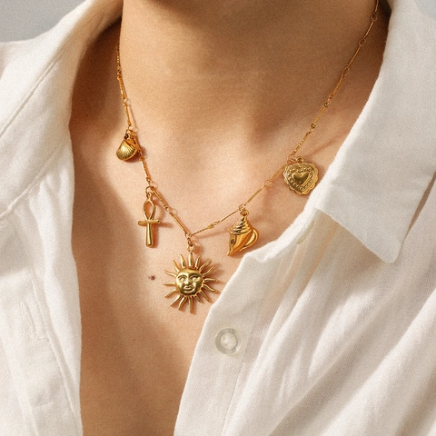Collana In Acciaio Inossidabile Placcato Oro 18K Multi Ciondolo Sole Cuore Conchiglia Ankh Croce Gioielli Boho