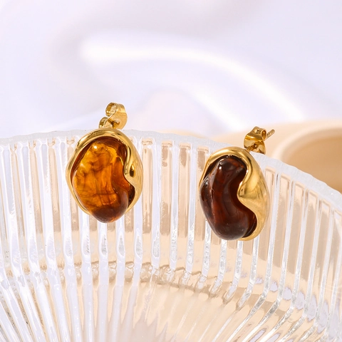 Pendientes De Botón Redondos Irregulares De Resina Ámbar Acero Inoxidable 304 Bañado En Oro 18K Joyería Geométrica Para Mujeres