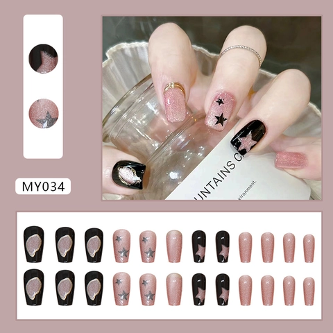 Press On Nails Cat Eye Star Pattern Ballet Coffin Shape Glitter Black Pink ABS Artificial Nails For Women Manicure