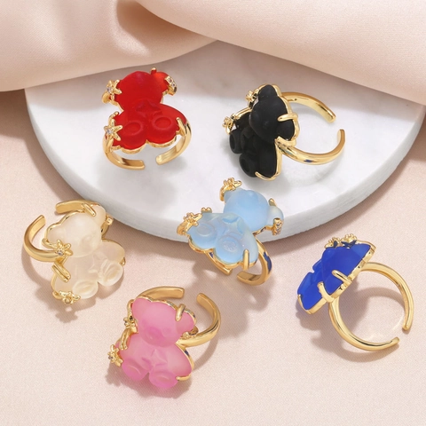 Colorful Bear Open Ring Gold Plated Copper Resin Adjustable Fashion Jewelry For Women Cubic Zirconia Accents Cute Ins Style