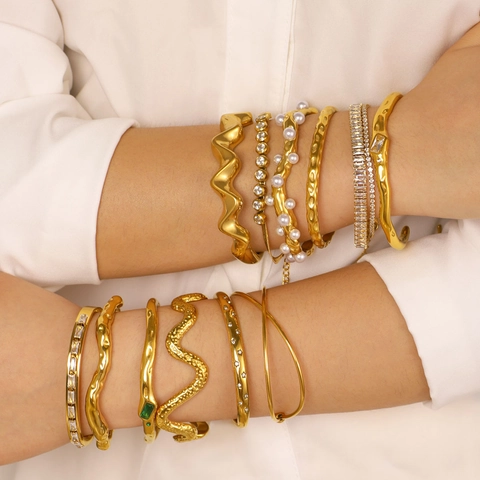 Wave Open Bangle Stainless Steel Bracelet With Zircon And Faux Artificial Pearl 18K Gold Plated Waterproof Jewelry For Women